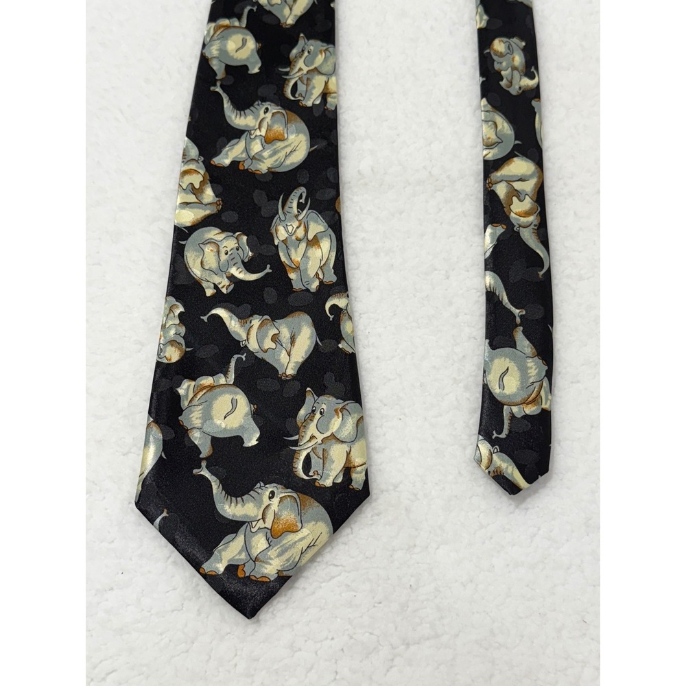 Novelty Elephant Print‎ Necktie Black Beige Whimsical Animal Silk Blend Men